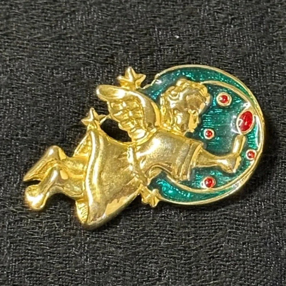 Vintage Angel Cherub Brooch Gold Tone Enamel Teal Red Rhinestone Pin